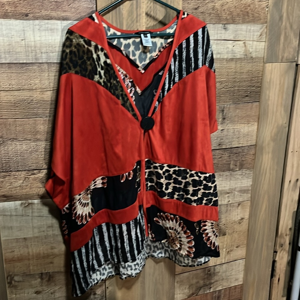 John Mark Red and Black Animal Print Blouse